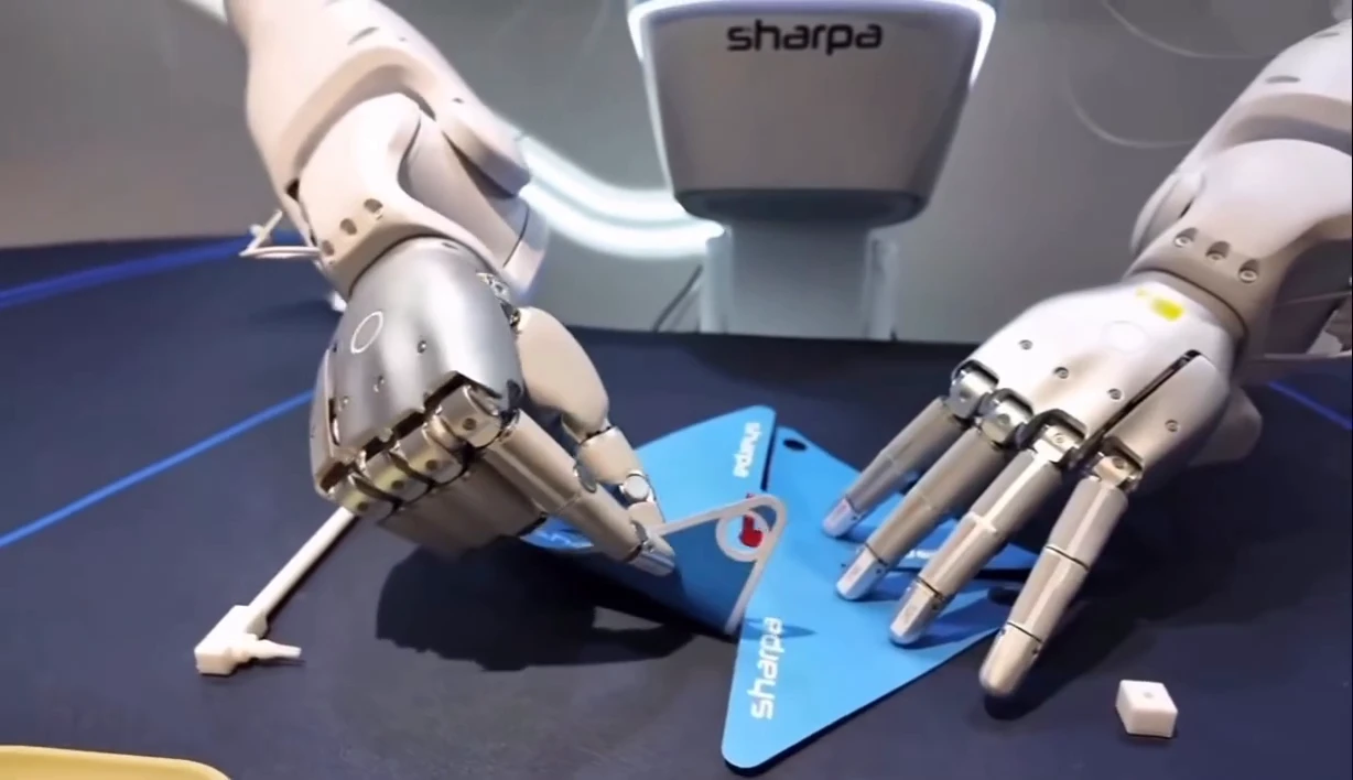 Humanoid robot is assembling a windmill