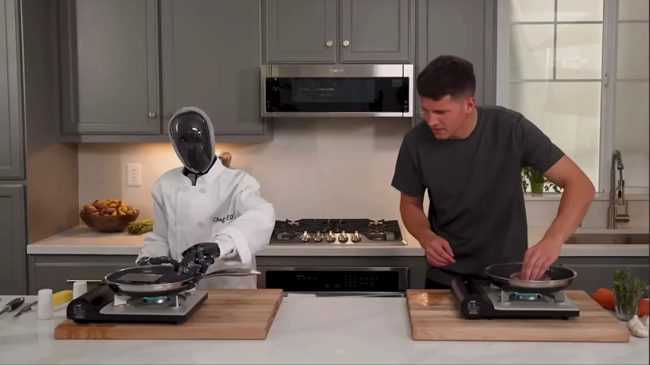 Food blogger competed to cook a steak with a humanoid robot NEO