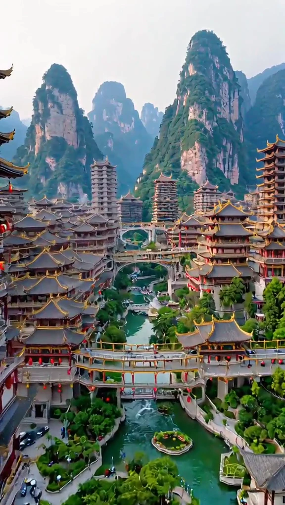 Ancient Chinese high-rise buildings located in the heart of the mountains
