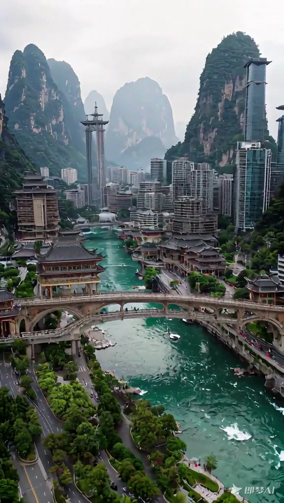 The landscape of an ancient town stands in contrast to the futuristic skyline