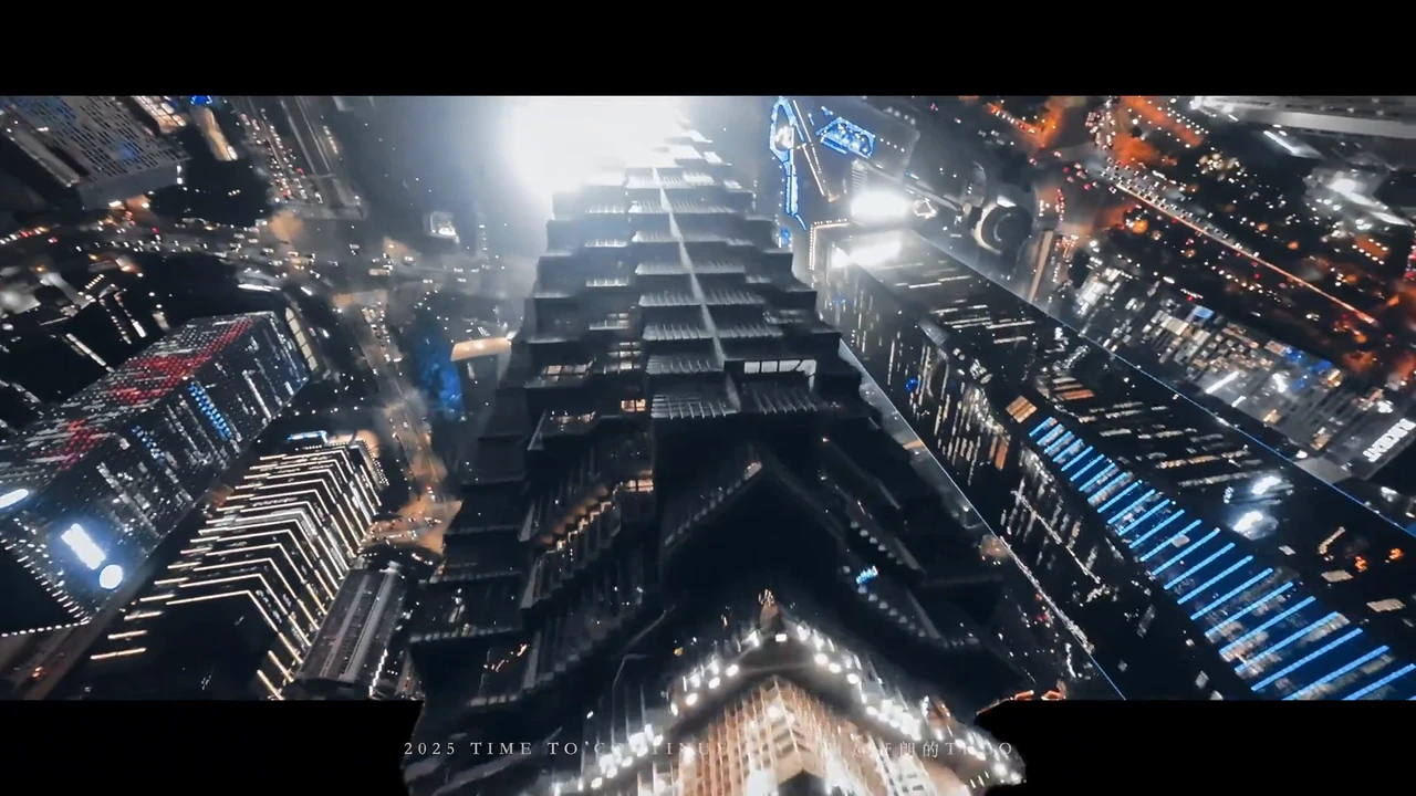 The City of the Future on fire. Night drone footage over the Lujiazui 