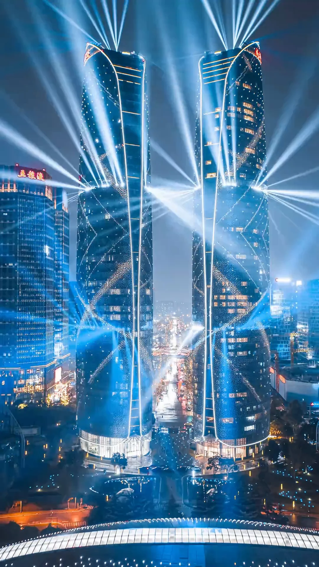 Twin towers of Chengdu. It resembles a giant LED panel
